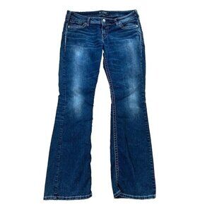 Silver Suki Bootcut Jean Low Rise Dark Wash Denim Pant Blue Flared Leg Size 34"